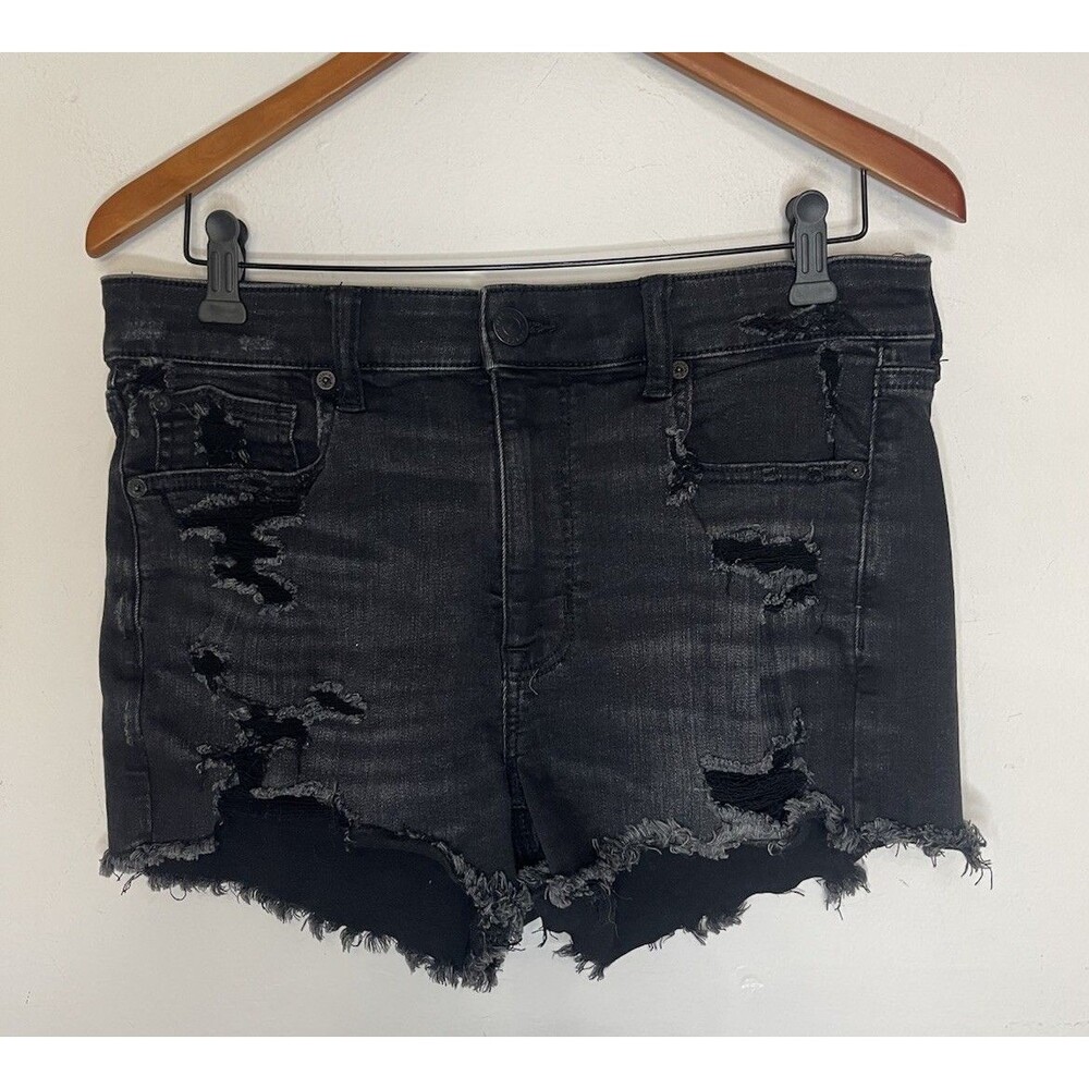 American Eagle Next Level Stretch Black Distressed Denim Shorts Womens 12 Ripped